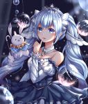  1girl amulet bare_shoulders blue_dress blurry blurry_background bubble bunny cane capelet caron collar commentary curtains detached_collar detached_sleeves dress eighth_note finger_to_mouth framed_breasts hair_ornament hand_up hatsune_miku highres holding_cane index_finger_raised light_blue_eyes light_blue_hair long_sleeves looking_at_viewer musical_note musical_note_hair_ornament neck_ruff petticoat plaid_capelet princess puffy_long_sleeves puffy_sleeves rabbit_yukine rainbow smile snowflake_hair_ornament strapless strapless_dress tiara upper_body vocaloid white_collar window yuki_miku yuki_miku_(2019) 