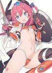  1girl armor bikini bikini_armor black_legwear blade_(galaxist) blue_eyes breasts dragon_horns elizabeth_bathory_(brave)_(fate) elizabeth_bathory_(fate)_(all) eyebrows_visible_through_hair fang fate/grand_order fate_(series) gauntlets holding holding_shield holding_sword holding_weapon horns looking_at_viewer nipple_slip nipples open_mouth pink_hair red_bikini shield shoulder_armor simple_background single_thighhigh skin_fang small_breasts solo spaulders swimsuit sword tail thighhighs weapon white_background 