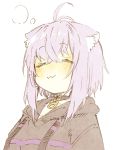  1girl :3 =.w.= =_= abara_heiki ahoge animal_ear_fluff animal_ears black_choker black_hoodie blush cat_ears choker closed_mouth commentary eyebrows_visible_through_hair hair_between_eyes happy hololive lavender_hair nekomata_okayu short_hair simple_background smile solo traditional_media upper_body virtual_youtuber white_background 