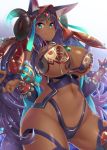  1girl animal_ears ass_visible_through_thighs bangs blue_eyes blush breasts bridal_gauntlets cleavage closed_mouth commentary_request dark_skin ears_through_headwear eyeliner fate/grand_order fate_(series) forehead_jewel gem head_chain hood horns jackal_ears jewelry large_breasts lips long_hair looking_at_viewer makeup navel purple_hair queen_of_sheba_(fate/grand_order) revealing_clothes smile solo very_long_hair yuzutosen 