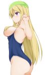  1girl ass bangs bare_shoulders blonde_hair blue_swimsuit blush breasts cleavage competition_school_swimsuit cropped_legs eyebrows_visible_through_hair from_side hair_between_eyes hair_censor hair_over_breasts hinata_masaki large_breasts long_hair looking_to_the_side moss murenase!_shiiton_gakuen one-piece_swimsuit parted_lips purple_eyes school_swimsuit shishio_miyubi simple_background solo swimsuit white_background 