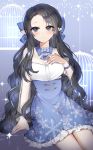  1girl arm_support black_hair blue_bow blue_eyes blue_skirt blush bow bracelet breasts cleavage closed_mouth collarbone eyebrows_visible_through_hair hair_bow hand_on_own_chest highres jewelry large_breasts long_hair looking_at_viewer mabinogi poho sitting skirt snowflake_print solo very_long_hair 