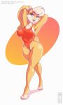  3:5 anthro big_breasts breasts clothing female lagomorph leporid llmixll lola_bunny looney_tunes mammal nipple_outline one-piece_swimsuit pose pussy_floss rabbit solo swimwear text url warner_brothers wide_hips 