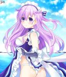  1girl alternate_costume apron ass azur_lane belfast_(azur_lane) belfast_(azur_lane)_(cosplay) blush cosplay enmaided hair_ornament highres horie_yui lewdkuma long_hair looking_at_viewer maid maid_apron maid_headdress nepgear neptune_(series) panties purple_eyes purple_hair seiyuu_connection solo underwear white_panties 