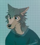 anthro beastars canid canine canis cheek_tuft clothed clothing facial_tuft fur grey_body grey_fur head_tuft hi_res legoshi_(beastars) male mammal multicolored_body multicolored_fur ritwell simple_background solo tuft two_tone_body two_tone_fur wolf 