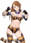  1girl beatrix_(granblue_fantasy) breasts brown_hair cleavage closed_mouth commentary_request gloves granblue_fantasy halloween krs_(karasu) long_hair looking_at_viewer navel simple_background solo striped striped_legwear thighhighs trick_or_treat white_background 