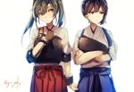  2girls blue_hakama brown_eyes brown_hair closed_mouth green_hair hair_between_eyes hakama japanese_clothes kaga_(kantai_collection) kantai_collection kyouya_(mukuro238) multiple_girls muneate red_hakama short_sleeves simple_background skirt_hold smile standing twintails twitter_username white_background yellow_eyes zuikaku_(kantai_collection) 