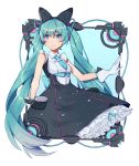  1girl aqua_eyes aqua_hair aqua_neckwear bare_shoulders black_bow black_dress bow cable dress frame framed_breasts gloves hair_bow hatsune_miku hoop_skirt long_hair looking_to_the_side magical_mirai_(vocaloid) necktie petticoat short_necktie smile solo twintails very_long_hair vocaloid wenz white_background white_gloves 