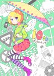  1girl balloon bandaid blonde_hair bottle bow cellphone earphones expressionless flower full_body green_hoodie hair_bow hair_ornament hairband hairclip highres holding holding_umbrella kagamine_rin leg_up looking_at_viewer melancholic_(vocaloid) melancholy_(module) miniskirt paper pen phone pink_footwear red_skirt road_sign shoes sign skirt smiley_face sneakers solo stop_sign striped striped_legwear thighhighs tounoki_po umbrella vocaloid white_bow 