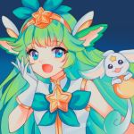  1girl :d absurdres animal_ears aqua_eyes bow fang gloves green_hair green_theme hair_bow headpiece highres league_of_legends long_hair looking_at_viewer lulu_(league_of_legends) magical_girl open_mouth pix smile star star_guardian_(league_of_legends) star_guardian_lulu tiara upper_body very_long_hair white_gloves yaya_chan yordle 