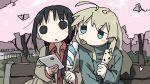  2girls :o :p ahoge alternate_costume bangs beige_coat bench black_eyes black_hair blonde_hair blouse blue_blouse blue_eyes casual cellphone cherry_blossoms chito_(shoujo_shuumatsu_ryokou) coat collared_shirt contemporary food hair_between_eyes hair_tie hand_up hands_up highres holding holding_food holding_phone long_hair long_sleeves looking_down looking_to_the_side low_twintails multiple_girls no_nose open_clothes open_coat open_mouth outdoors parted_bangs petals phone popsicle red_shirt shirt shoujo_shuumatsu_ryokou sidelocks sitting smartphone tareme tongue tongue_out tree tsukumizu_yuu turtleneck twintails upper_body v-shaped_eyebrows wavy_hair wind wing_collar yuuri_(shoujo_shuumatsu_ryokou) 