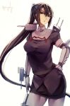  1girl black_eyes black_hair bracer cannon cowboy_shot elbow_gloves gloves hair_between_eyes hand_on_hip kantai_collection kyouya_(mukuro238) long_hair looking_at_viewer machinery miniskirt nachi_(kantai_collection) pantyhose parted_lips pencil_skirt ponytail puffy_short_sleeves puffy_sleeves rigging short_sleeves simple_background skirt solo twitter_username very_long_hair white_background white_gloves white_legwear 