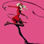  1girl absurdres ass blonde_hair blue_eyes bodysuit boots breasts cat_mask catsuit cleavage earrings fake_tail full-length_zipper gloves high_heel_boots high_heels highres holding_whip jewelry looking_at_viewer masked ozkh persona persona_5 pink_background pink_gloves red_bodysuit red_footwear simple_background smile solo standing standing_on_one_leg stud_earrings tail takamaki_anne thigh_boots thighhighs twintails zipper 