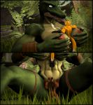  3d_(artwork) absurd_res anthro armband big_breasts blue_eyes bodily_fluids breast_grab breast_squeeze breasts canid canine crocodile crocodilian crocodylid cum cum_on_chest cumshot digital_media_(artwork) ejaculation female forest fox fox_whisper85 genital_fluids genitals green_body group hand_on_breast hi_res licking male male/female mammal nipples orgasm orgasm_face pussy reptile scalie sex size_difference source_filmmaker titfuck tongue tongue_out tree yellow_body 