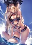  2girls anne_bonny_(fate/grand_order) anne_bonny_(swimsuit_archer)_(fate) belt bikini bikini_skirt blonde_hair blue_bikini blue_eyes blue_hair blue_sky breasts closed_mouth cloud cloudy_sky day fate/grand_order fate_(series) hair_ornament hat huge_breasts kyouya_(mukuro238) long_hair looking_at_viewer mary_read_(fate/grand_order) mary_read_(swimsuit_archer)_(fate) multiple_girls navel pirate_hat red_eyes scar signature sky small_breasts smile swimsuit very_long_hair wading 