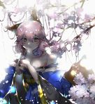  1girl animal_ear_fluff animal_ears artist_name artist_request bare_shoulders blue_kimono blush breasts cherry_blossoms cleavage detached_sleeves eyebrows_visible_through_hair fate/extra fate/extra_ccc fate/grand_order fate_(series) flower fox_ears fox_girl fox_tail hand_in_hair hand_on_own_chest highres japanese_clothes kimono large_breasts petals pink_hair simple_background tail tamamo_(fate)_(all) tamamo_no_mae_(fate) white_background yellow_eyes 