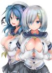  2girls asahi_(fullmetal_madness) between_breasts blue_eyes blue_hair blush breast_squeeze breasts collarbone deep_skin double_bun eyebrows_visible_through_hair gloves hair_ornament hair_over_one_eye hairclip hamakaze_(kantai_collection) hat kantai_collection large_breasts long_hair looking_at_viewer multiple_girls neckerchief open_clothes open_mouth paizuri_invitation short_hair short_sleeves silver_hair simple_background smile sweatdrop urakaze_(kantai_collection) white_background white_gloves white_headwear yellow_neckwear 