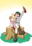  2girls absurdres alcohol arm_up boots bottle brown_hair company_connection crossed_legs crossover cup dog_girl doubutsu_no_mori drinking_glass gomesu_(gomes0343) grey_cardigan hawaiian_shirt highres multiple_girls open_mouth pokemon pokemon_(game) pokemon_swsh shirt shizue_(doubutsu_no_mori) smile tam_o&#039;_shanter tree_stump whiskey yuuri_(pokemon) 