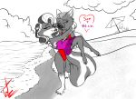  absurd_res anthro baywatch beach bottomwear canid canine clothing disney duo embrace fan_character felicia female fox hi_res lifeguard mammal mephitid muskellini mustelid romantic_ambiance romantic_couple samantha_velarian sea seaside skirt skunk swimwear wastedtimeee water zootopia 