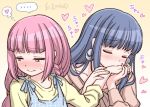  ... 2girls artist_name bangs blush commentary earrings hand_kiss heart jewelry kiss long_hair long_sleeves looking_away magia_record:_mahou_shoujo_madoka_magica_gaiden mahou_shoujo_madoka_magica multiple_girls nanami_yachiyo pink_eyes pink_hair spoken_ellipsis studiozombie sweat tamaki_iroha thought_bubble upper_body yuri 