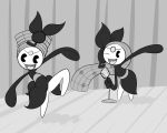  1920s_(style) :d ;d commentary creature dancing english_commentary full_body gen_5_pokemon greyscale happy holding holding_microphone looking_at_viewer meloetta meloetta_(aria) meloetta_(pirouette) microphone monochrome no_humans one_eye_closed open_mouth pac-man_eyes pokemon pokemon_(creature) smile standing standing_on_one_leg the_boogie 