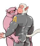  andrew_oikonny anthro awkward bodily_fluids butt butt_grab clothing domestic_pig duo hand_on_butt haplorhine hi_res hyenaface macaque male male/male mammal monkey nintendo old_world_monkey pigma_dengar primate rubber rubber_suit star_fox suid suina sus_(pig) sweat video_games 