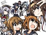  6+girls ahoge akatsuki_(kantai_collection) atlanta_(kantai_collection) bangs beret black_headwear blush breasts brown_hair darkside epaulettes eyebrows_visible_through_hair fang flat_cap folded_ponytail hat headgear hibiki_(kantai_collection) ikazuchi_(kantai_collection) inazuma_(kantai_collection) kantai_collection kashima_(kantai_collection) kongou_(kantai_collection) long_hair military military_uniform multiple_girls one_eye_closed open_mouth ponytail purple_hair red_neckwear sailor_collar school_uniform serafuku short_hair signature silver_hair simple_background skirt smile sweat twintails uniform v white_background 