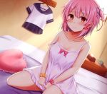  1girl bangs bedroom blue_ribbon blush bow breasts cleavage closed_mouth collarbone dress dress_tug dutch_angle eyebrows_visible_through_hair frilled_pillow frills hair_between_eyes hair_ribbon heart heart_pillow highres indoors looking_at_viewer natsu_(927013) on_bed one_side_up original panties pillow pink_bow pink_hair pink_panties red_eyes red_ribbon red_scrunchie ribbon scrunchie shiny shiny_hair shiny_skin short_dress short_hair sitting sleeveless sleeveless_dress small_breasts solo underwear white_dress wrist_scrunchie yellow_scrunchie 