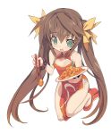  1girl blade_(galaxist) bracelet brown_hair china_dress chinese_clothes chopsticks dress fang food green_eyes huang_lingyin infinite_stratos jewelry long_hair no_socks open_mouth simple_background solo twintails 