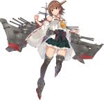  boots brown_hair detached_sleeves flipped_hair green_skirt hairband headgear hiei_(kantai_collection) highres japanese_clothes kantai_collection konishi_(koconatu) machinery nontraditional_miko official_art plaid remodel_(kantai_collection) ribbon-trimmed_sleeves ribbon_trim short_hair skirt thigh_boots thighhighs turret 