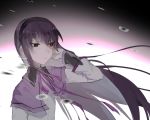  1girl akemi_homura black_hairband buttoniris closed_mouth collared_capelet commentary english_commentary eyebrows_visible_through_hair floating_hair hairband hand_in_hair hand_up jacket long_hair long_sleeves mahou_shoujo_madoka_magica neck_ribbon purple_capelet purple_eyes purple_hair purple_neckwear purple_ribbon ribbon solo white_jacket wing_collar 