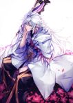  1boy arm_support bow closed_mouth fate/grand_order fate_(series) grey_hair hair_bow highres kyouya_(mukuro238) long_hair long_sleeves looking_at_viewer male_focus merlin_(fate) pants pink_bow purple_eyes purple_pants robe signature sitting smile solo white_background wide_sleeves 