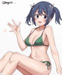  1girl bikini blue_eyes blue_hair breasts cleavage commentary_request green_bikini kantai_collection large_breasts looking_at_viewer meguru_(megurunn) o-ring o-ring_bikini o-ring_top side-tie_bikini simple_background sitting solo souryuu_(kantai_collection) swimsuit twintails twitter_username waving white_background 