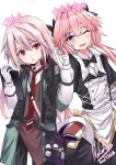  2boys absurdres ansel_(arknights) arknights astolfo_(fate) astolfo_(saber)_(fate) black_bow black_legwear black_neckwear black_ribbon black_skirt bow bowtie braid color_connection fang fate/apocrypha fate/grand_order fate_(series) hair_color_connection hair_intakes highres layered_skirt long_hair look-alike low_twintails male_focus multicolored_hair multiple_boys nekobox otoko_no_ko pink_hair purple_eyes red_eyes ribbon single_braid skin_fang skirt streaked_hair trait_connection twintails white_hair wing_collar 