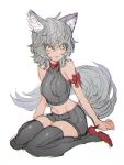  1girl animal_ears bare_shoulders black_legwear bow grey_hair high_heels highres medium_hair navel original parted_lips pink_lips red_bow red_footwear simple_background sitting sketch solo sutegoro tail thighhighs turtleneck white_background 