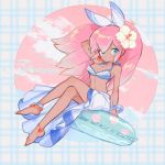  1girl anklet aqua_eyes arm_up bangs barefoot bikini blue_bikini bow bracelet cloud earrings flower hair_bow hair_flower hair_ornament innertube jewelry l_hakase long_hair looking_at_viewer original pink_hair solo star star_earrings swimsuit white_flower 