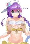  ... 1girl backwards_hat bandeau bangs bare_shoulders baseball_cap bb_(fate)_(all) bb_(swimsuit_mooncancer)_(fate) breast_grab breasts cropped_jacket disembodied_hands fate/grand_order fate_(series) grabbing hat hat_ornament highres jacket large_breasts long_hair navel parted_lips purple_eyes purple_hair shaded_face simple_background star star_hat_ornament tsukise_miwa very_long_hair white_background white_headwear yellow_jacket 