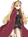  1girl asymmetrical_legwear asymmetrical_sleeves bangs between_breasts black_legwear blonde_hair breasts cape detached_collar earrings elfenlied22 ereshkigal_(fate/grand_order) fate/grand_order fate_(series) gold_trim highres hoop_earrings infinity jewelry long_hair long_sleeves looking_at_viewer medium_breasts multicolored multicolored_cape multicolored_clothes necklace parted_bangs red_cape red_eyes simple_background single_sleeve single_thighhigh skull solo spine thighhighs thighs tiara two_side_up white_background yellow_cape 