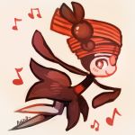  commentary creature english_commentary from_side full_body gen_4_pokemon meloetta meloetta_(pirouette) musical_note no_humans pokemon pokemon_(creature) red_theme rubin running signature simple_background solo white_background 