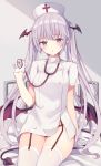  1girl absurdres bed black_panties breasts demon_girl demon_tail demon_wings double-breasted garter_straps gloves hand_up hat head_wings highres hospital_bed long_hair looking_at_viewer no_pants nurse_cap original panties parted_lips purple_eyes shirt short_sleeves silver_hair sitting small_breasts solo stethoscope tail thighhighs thighs tsuzaki_tsunomi twintails underwear very_long_hair white_gloves white_legwear white_shirt wings 