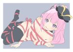  1girl :q absurdres black_legwear blush border breasts donguri_suzume feet_up grey_background hair_ribbon highres long_hair looking_at_viewer lying medium_breasts mole mole_under_eye naked_ribbon oda_nobuhime oda_nobuhime_(channel) on_side pink_hair purple_eyes red_ribbon ribbon simple_background smile solo thighhighs tongue tongue_out very_long_hair virtual_youtuber white_border 