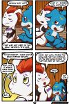  anthro blue_body blush claws comic dialogue digimon digimon_(species) digital_media_(artwork) english_text fangs feral fur gomamon hair hi_res male nude red_eyes text veemon vitrex white_body 