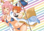  2girls ahoge animal_ear_fluff animal_ears beach_umbrella bikini black_cloak black_legwear black_skirt blue_bikini blush boots breasts chaldea_uniform chibi cleavage cloak command_spell commentary commentary_request eyebrows_visible_through_hair fang fate/grand_order fate_(series) fox_ears fox_girl fox_tail fujimaru_ritsuka_(female) groin hair_ornament hair_scrunchie jacket large_breasts multiple_girls navel one_eye_closed orange_eyes orange_hair orange_scrunchie pantyhose parasol pink_hair saint_quartz scrunchie side-tie_bikini side_ponytail skirt swimsuit tail tamamo_(fate)_(all) tamamo_no_mae_(swimsuit_lancer)_(fate) tk55 umbrella white_footwear white_jacket yellow_eyes 