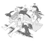  3girls barefoot blanket blush book bookmark bow bowtie breasts buttons closed_eyes collared_shirt commentary foot_on_head full_body greyscale hagikaze_(kantai_collection) hair_ribbon hakama_skirt indoors japanese_clothes kaga_(kantai_collection) kantai_collection kimono kneehighs long_hair lying maikaze_(kantai_collection) midriff monochrome multiple_girls navel on_side one_side_up pleated_skirt ribbon saliva school_uniform shirt short_sleeves side_ponytail skirt sleeping sleeping_on_person socks_removed squiggle sweat tatami vest weidashming 