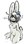  accessory anthro blush female fur hair_accessory hair_bow hair_ribbon hand_on_own_butt lagomorph leporid looking_at_viewer mammal panken rabbit ribbons solo white_body white_fur 