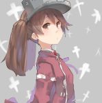  1girl akicosmossakasa blurry brown_eyes brown_hair depth_of_field flat_chest grey_background highres japanese_clothes kantai_collection kariginu long_hair looking_at_viewer magatama red_shirt ryuujou_(kantai_collection) shikigami shirt simple_background solo twintails upper_body visor_cap 