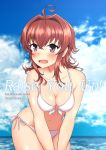  1girl ahoge arashi_(kantai_collection) bikini black_eyes blue_sky breasts cleavage cloud commentary_request cover cowboy_shot day front-tie_top haoto_(arnica_leaf) horizon kantai_collection looking_at_viewer medium_hair messy_hair ocean outdoors red_hair short_hair side-tie_bikini sky solo swimsuit water white_bikini 