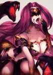  1girl bangs blindfold blurry blurry_background breasts depth_of_field facing_viewer fate/grand_order fate_(series) finger_licking gloves gorgon_(fate) hand_up kyouya_(mukuro238) large_breasts licking long_hair navel open_mouth parted_bangs pelvic_curtain purple_hair scales snake solo tongue tongue_out very_long_hair white_background 