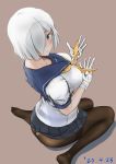  1girl absurdres ass black_legwear blue_eyes blush breasts eyebrows_visible_through_hair gloves hair_ornament hair_over_one_eye hairclip hamakaze_(kantai_collection) highres kantai_collection large_breasts looking_at_viewer neckerchief open_mouth ototoi_koi panties panties_over_pantyhose panties_under_pantyhose pantyhose pleated_skirt school_uniform serafuku short_hair short_sleeves silver_hair simple_background sitting skirt solo underwear white_gloves yellow_neckwear 