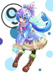  1girl bad_id bad_pixiv_id blue_eyes blue_hair boots bow cirno coat food food_themed_hair_ornament fruit hair_bow hair_ornament hairclip highres pantyhose scarf shiro_(kiron) short_hair solo touhou watermelon watermelon_hair_ornament wings 